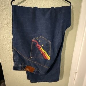 Rocawear Men's Relaxed Jeans - Blue with Red and Yellow Accents